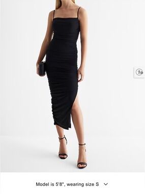 Express Black Ruched Asymmetric Midi Slip Dress